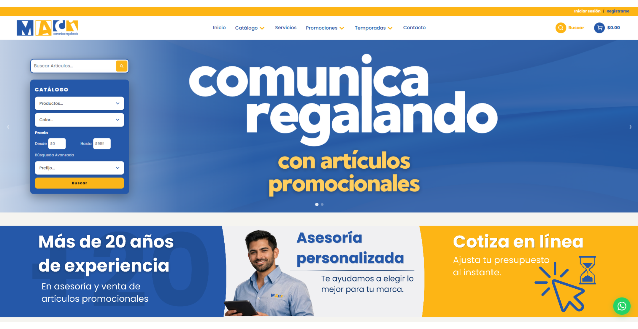 Pantalla de inicio de maci.com.mx: botones Iniciar Sesión y Registrarse en la esquina superior derecha